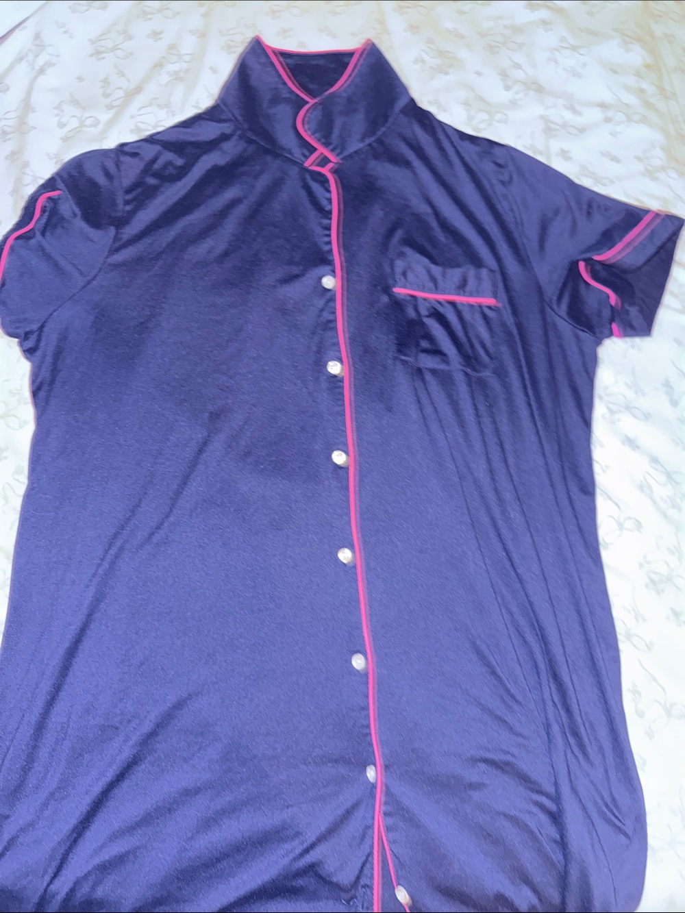 Navy Short-Sleeve Button-Front Nightshirt with Pink Trim